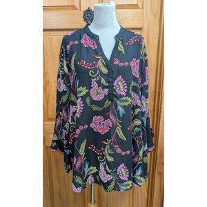 Spenose Woman 2X Tunic Semi Sheer Black Floral Button-Down Bell Sleeve Blouse